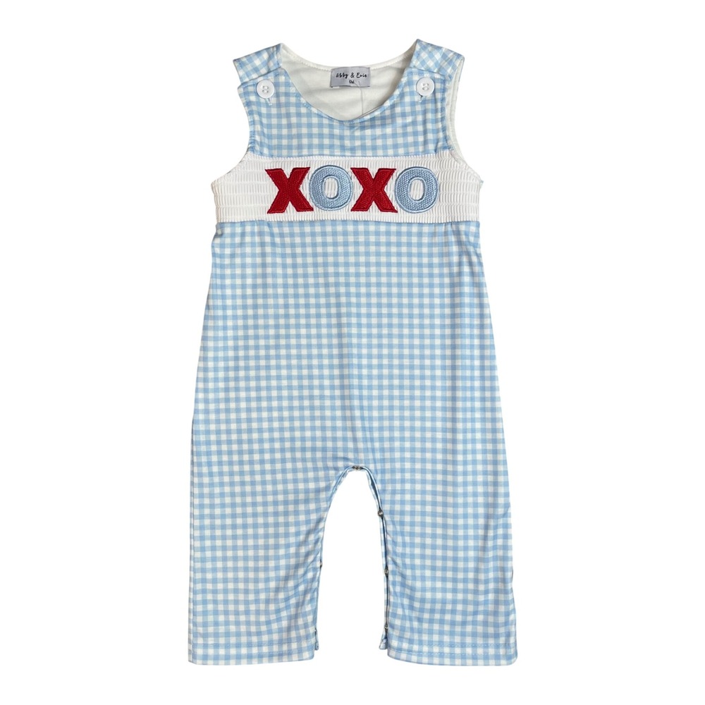 Abby & Evie Baby Blue Gingham Romper XOXO Smocked Valentines Day Size 6M